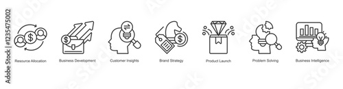 Merger And Acquisitions Icon Problem Solving, Resource Allocation, Business Development, Customer Insights, Brand Strategy, Product Launch, Business Intelligence