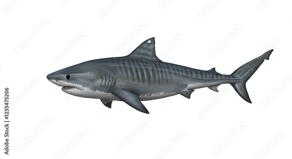 Fototapeta premium Powerful Tiger Shark Swimming Ocean Predator Marine Wildlife Aquatic Animal Illustration