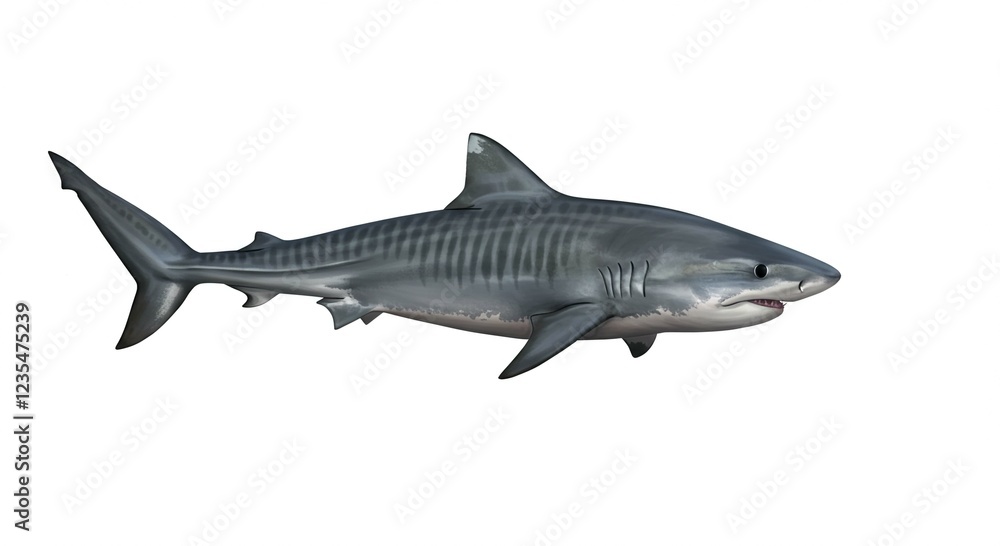 Obraz premium Powerful Tiger Shark Swimming Underwater Isolated on White Background Marine Life Ocean Predator