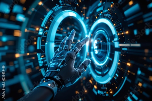 Robot hand touching futuristic virtual panel interface