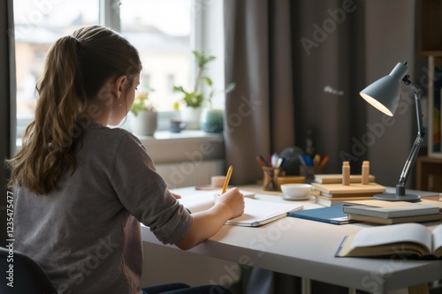 Teenage girl studying at home doing homework writing on notebook