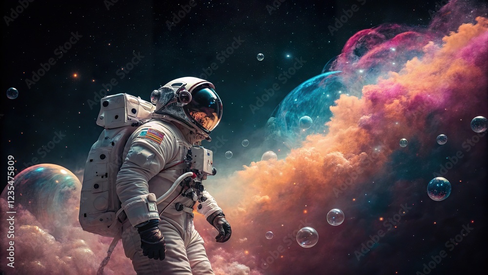 The image shows an astronaut walking towards a colorful nebula. The image shows an astronaut walking towards a colorful nebula.