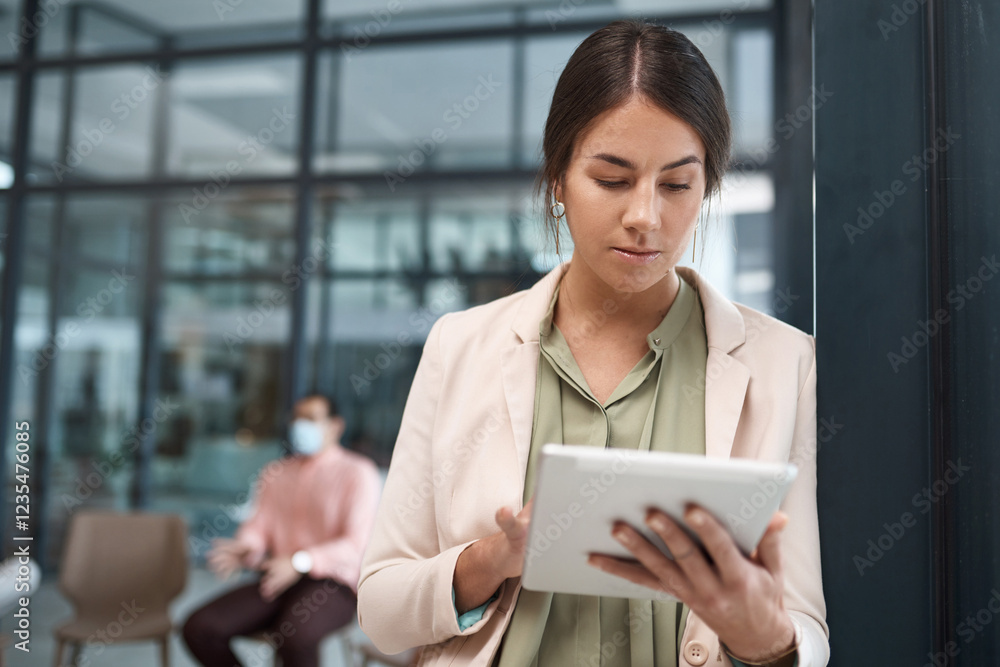 Search, tablet and thinking with business woman for planning, schedule and communication. HR officer, management and networking with employee in office for social media, email and document analysis Search, tablet and thinking with business woman for planning, schedule and communication. HR officer, management and networking with employee in office for social media, email and document analysis