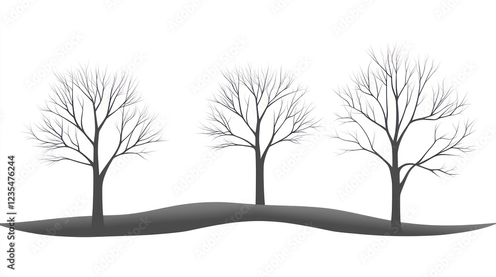 Fototapeta premium Three bare trees on a hill, winter landscape, nature illustration, design element