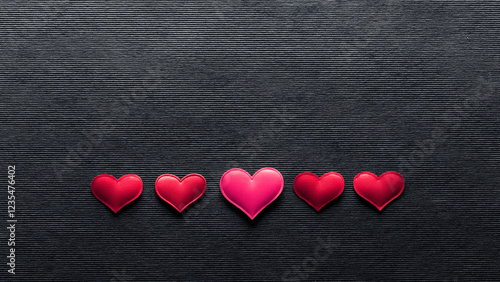 Row of red hearts on black background. Heart shapes for a romantic theme cele...