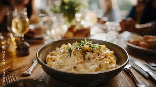 Fettuccine alfredo with fresh herbs in large bowl. photo