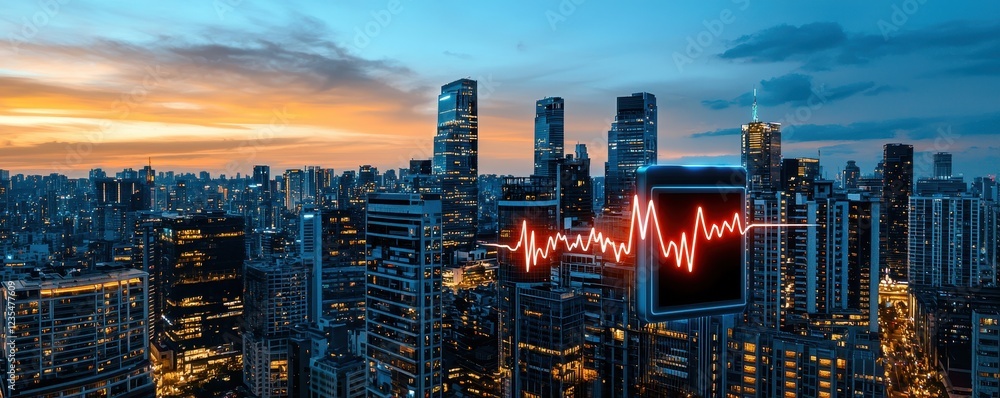 Fototapeta premium City Skyline with Heartbeat Pulse at Sunset Glow