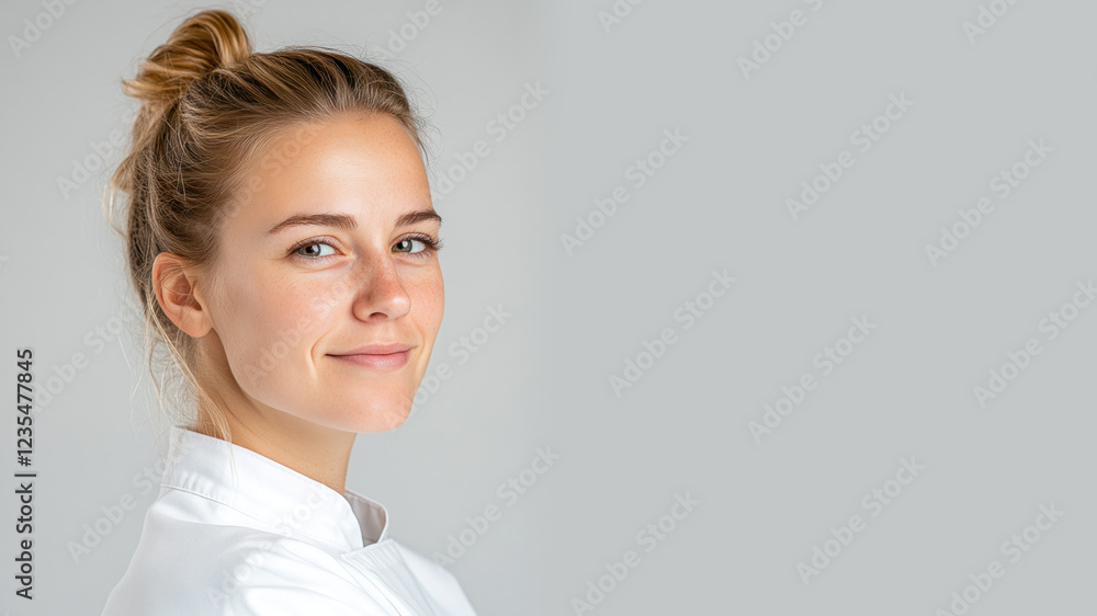 Blond young chef woman smiling isolated on white background Blond young chef woman smiling isolated on white background