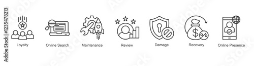 Optimization Icon Loyalty, Online Search, Maintenance, Review, Damage, Recovery, Online Presence