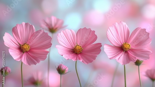 Vibrant pink cosmos flowers in bloom against a soft pastel background photo