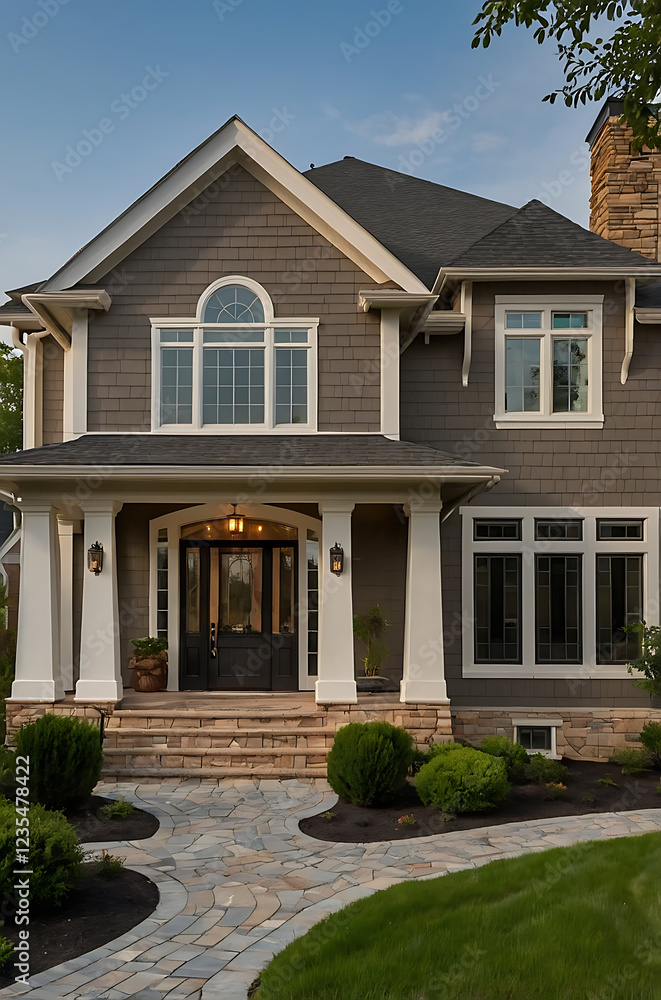 Fototapeta premium Luxury Gray Shingle House Exterior with Stone Walkway and Landscaping. Modern Home Architectural Design. Real Estate Photography