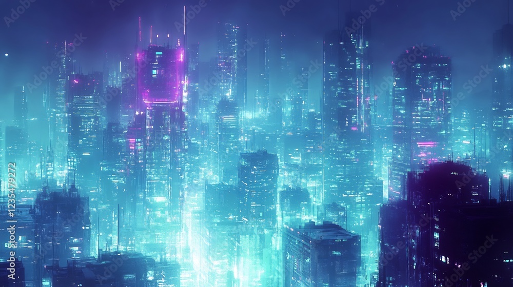 Fototapeta premium Cyberpunk Cityscape Glowing Vividly at Night. AI Generated