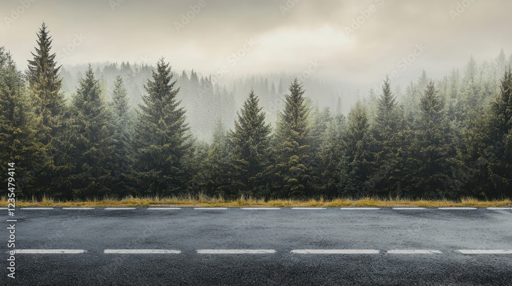 Naklejka premium Empty asphalt road leading through a misty forest.