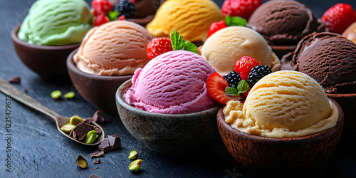 A row of bowls filled with different flavors of ice cream. The bowls are arranged in a row on a counter, with a spoon nearby. Concept of indulgence and enjoyment
