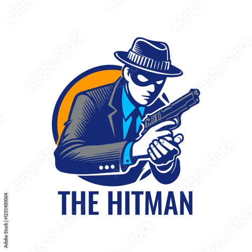 Man wearing mask and holding pistol gun as a hitman in vector logo 