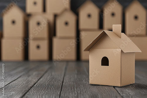 Cardboard house models arranged on wooden floor, symbolizing real estate concepts. focus is on single house in foreground, with more in background, creating sense of community