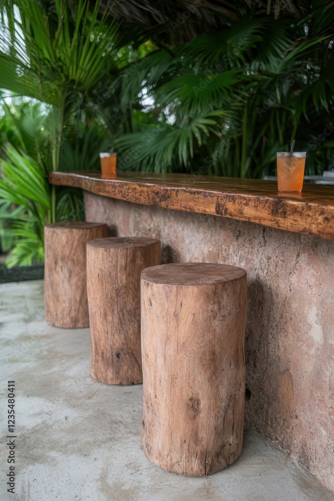 Wooden stools at an outdoor bar with tropical drinks Wooden stools at an outdoor bar with tropical drinks