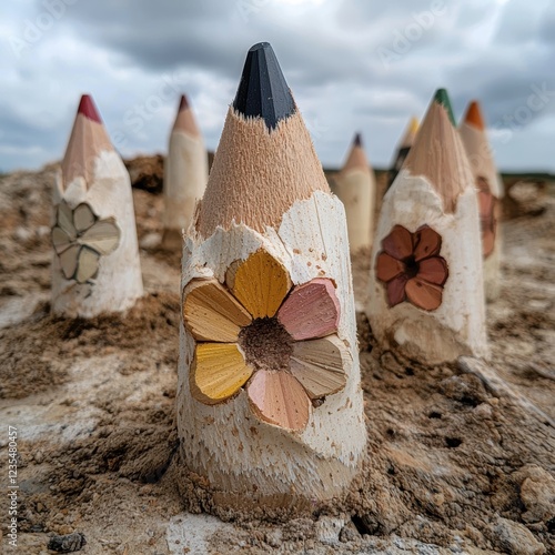 Close-up of colorful pencils arranged in the ground with flowers carved into them photo