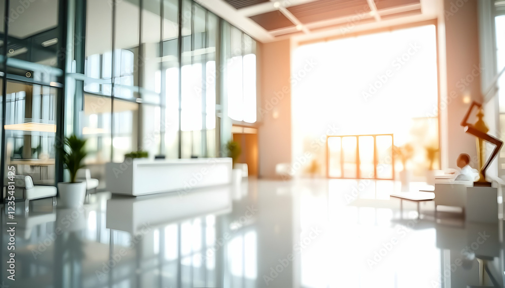 Fototapeta premium Modern office lobby, bright sunlight, glass walls, white reception desk, minimalist furniture, reflective floors, indoor plants, open concept, corporate interior, clean design, contemporary architectu