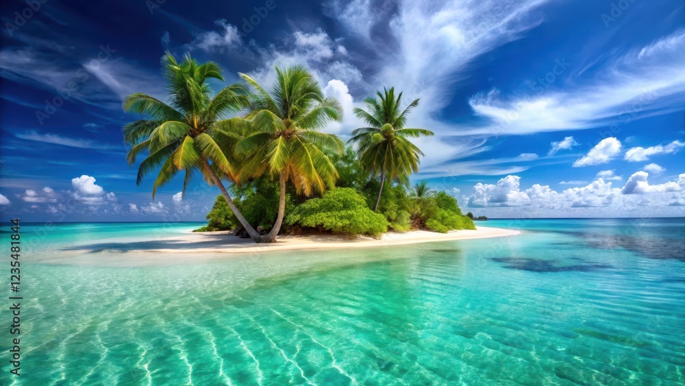 Serene sandy tropical beach with a lone island in the distance and crystal clear turquoise waters, surrounded by swaying palm trees and vibrant greenery , nature, ocean Serene sandy tropical beach with a lone island in the distance and crystal clear turquoise waters, surrounded by swaying palm trees and vibrant greenery , nature, ocean