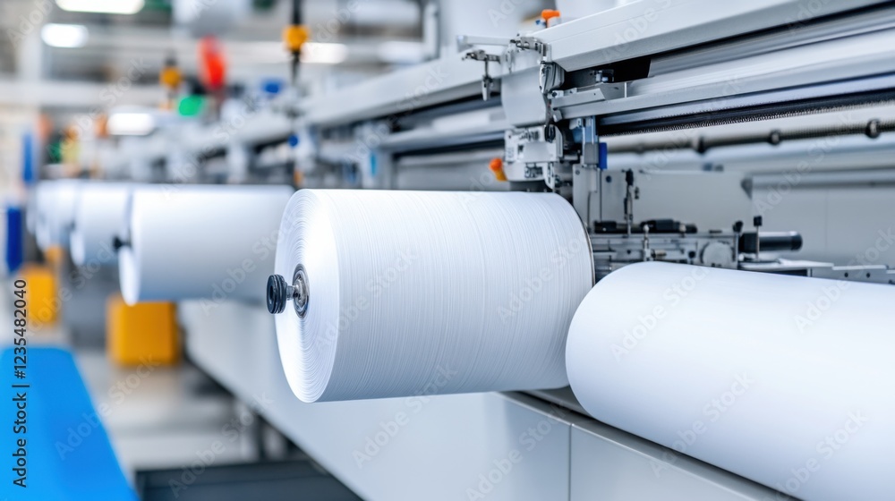 Advanced Printing Technology with Large Rolls of Paper on Production Machine in Modern Printing Facility Advanced Printing Technology with Large Rolls of Paper on Production Machine in Modern Printing Facility
