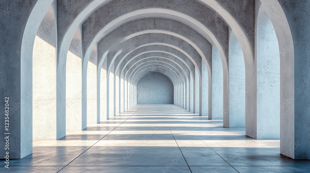 Architectural perspective of arched concrete corridor with sunlight and shadows creating depth and leading the eye