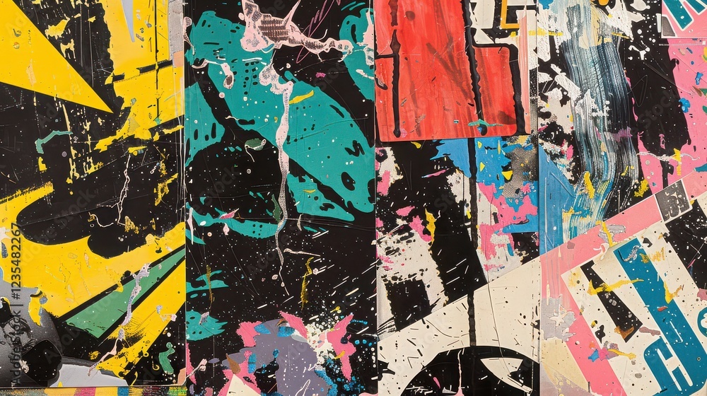 Obraz premium A retro-inspired abstract collage with comic book elements, neon colors, and fragmented imagery.