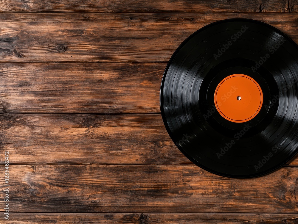 Obraz premium Black vinyl record on dark brown wooden surface