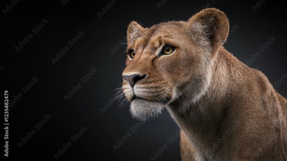 Naklejka premium Closeup of a lioness looking to the left against a black background