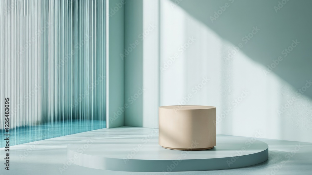 Simple, elegant light blue studio with a beige cylinder podium and layered blue glass, ideal for minimalist product showcasing. Simple, elegant light blue studio with a beige cylinder podium and layered blue glass, ideal for minimalist product showcasing.