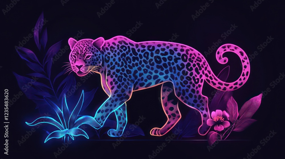 Fototapeta premium Neon Jaguar Walking Jungle Night; Decor