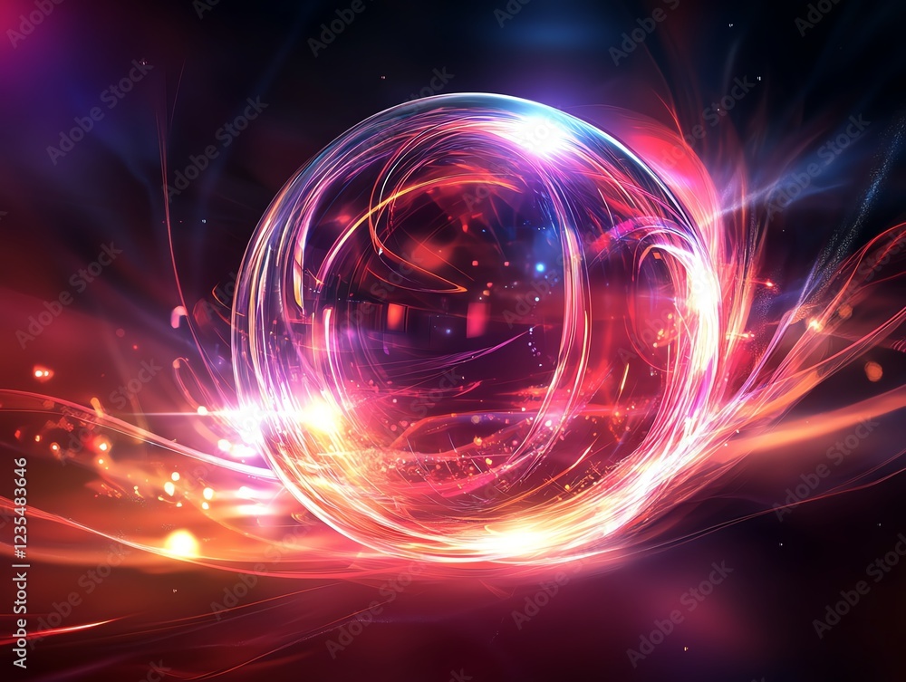 Fototapeta premium Colorful Swirling Patterns With Luminous Sphere Against Dark Background Create a Mesmerizing Abstract Design