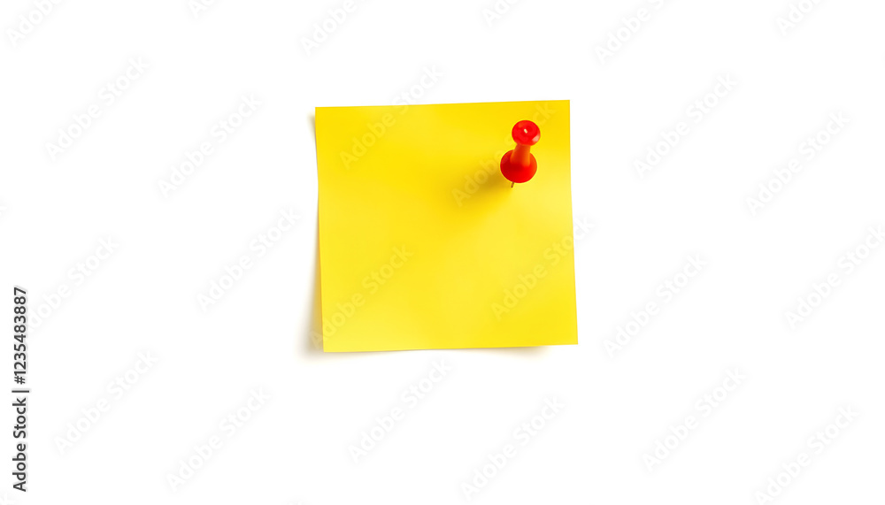 yellow sticky post it note with red pushpin isolated on white or transparent png. brightening