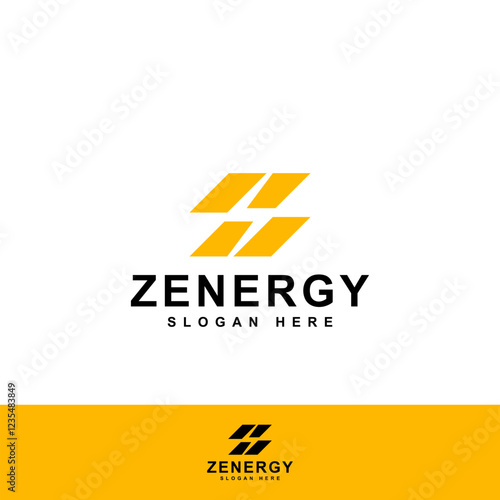 Modern solar energy logo combining a solar panel, letter Z, and lightning bolt in black and yellow. Perfect for renewable energy companies, solar tech, and power solutions. Bold and dynamic design.