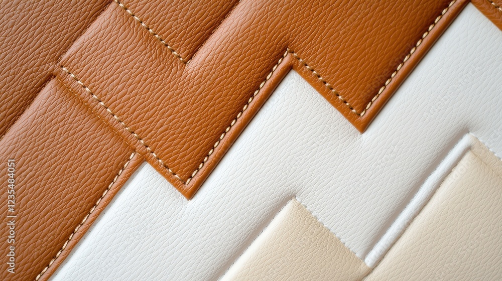 Fototapeta premium Textured Leather Patterns in Warm Tones with Intricate Stitching and Zigzag Design Aesthetic for Fashion or Interior Use