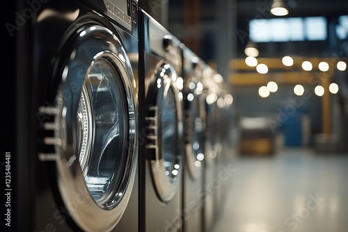 Modern industrial washing machines in a stylish laundromat with a sleek interior, ideal for laundry services, commercial cleaning, and industrial appliance imagery