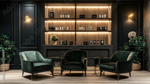 Luxurious Salon Waiting Area: Elegant Design with Dark Green Armchairs and Warm Lighting