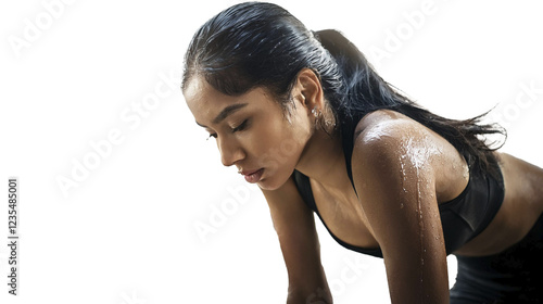 Young East Asian Indian woman tired after practicing exercise try to recover. hard run workout. sweaty. success fit sports. Transparent background. png