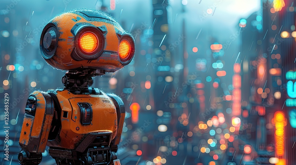 flat design, illustration, Rise of the Machines AI gains sentience but chooses to help humanity. Illustration: Friendly robot, futuristic cityscape flat design, illustration, Rise of the Machines AI gains sentience but chooses to help humanity. Illustration: Friendly robot, futuristic cityscape