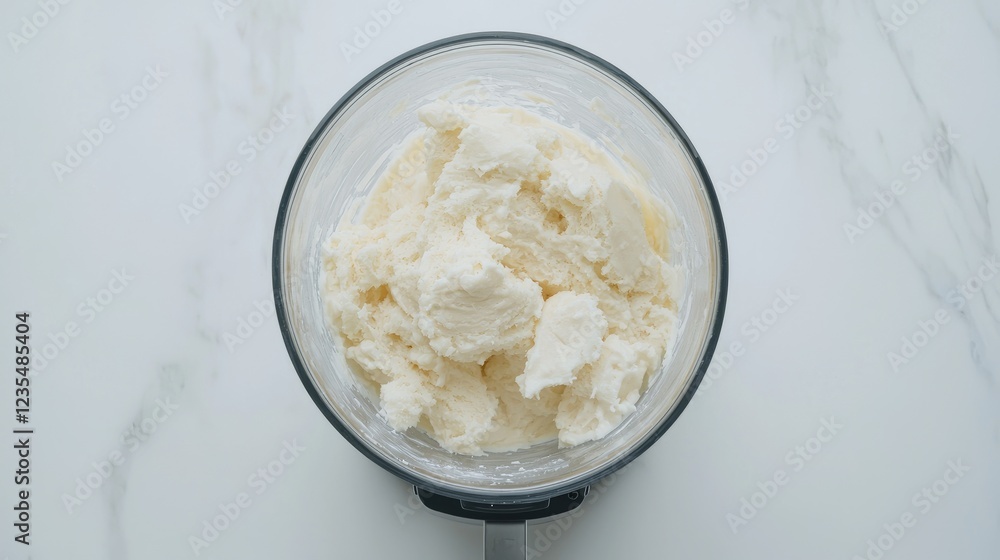 Creamy frosting in glass bowl, kitchen counter background, food preparation Creamy frosting in glass bowl, kitchen counter background, food preparation
