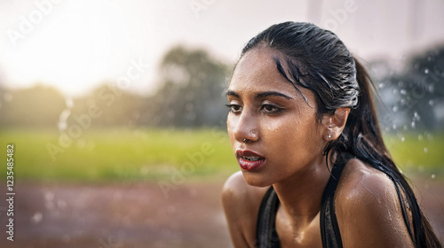 Young East Asian Indian woman tired after practicing exercise try to recover. hard run workout. sweaty. success fit sports.  photo