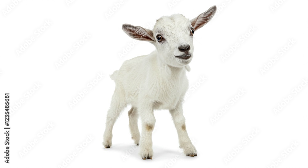 Fototapeta premium Adorable White Baby Goat Kid Standing Farm Animal Portrait Isolated on White Background