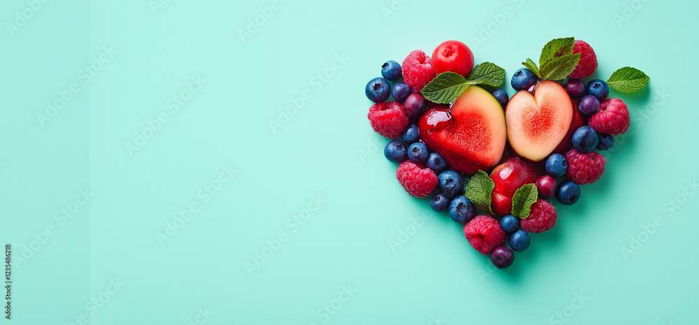 Heart shape made from various fresh fruits and vegetables, heart shaped arrangement of fruits and vegetables on a surface Heart shape made from various fresh fruits and vegetables, heart shaped arrangement of fruits and vegetables on a surface