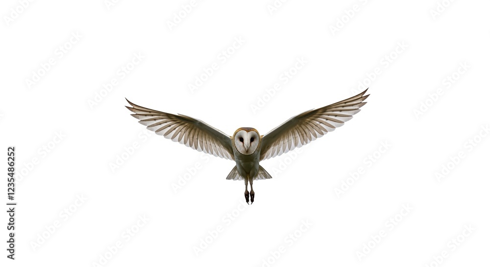 Obraz premium Majestic Barn Owl in Flight Wings Spread Wide Isolated White Background