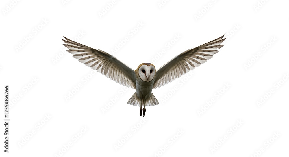 Obraz premium Majestic Barn Owl in Flight Wings Spread Wide Isolated on White Background