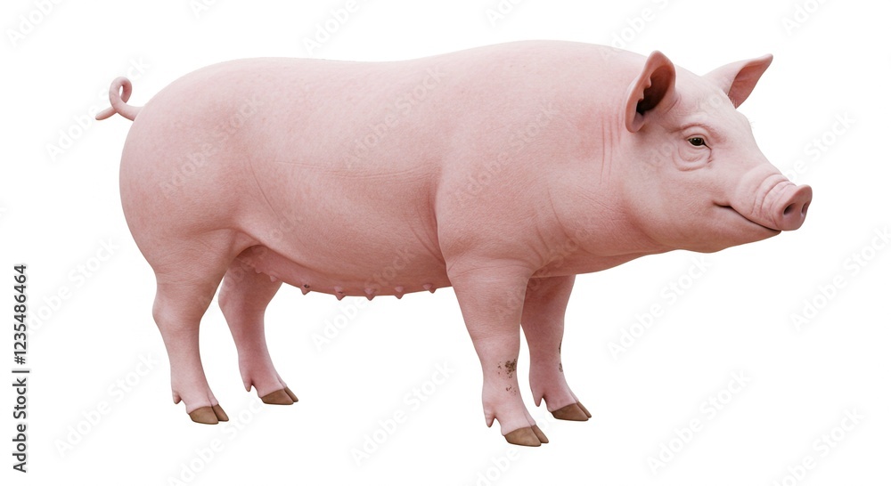 Domestic Pink Pig Standing Isolated on White Background Farm Animal Agriculture Domestic Pink Pig Standing Isolated on White Background Farm Animal Agriculture