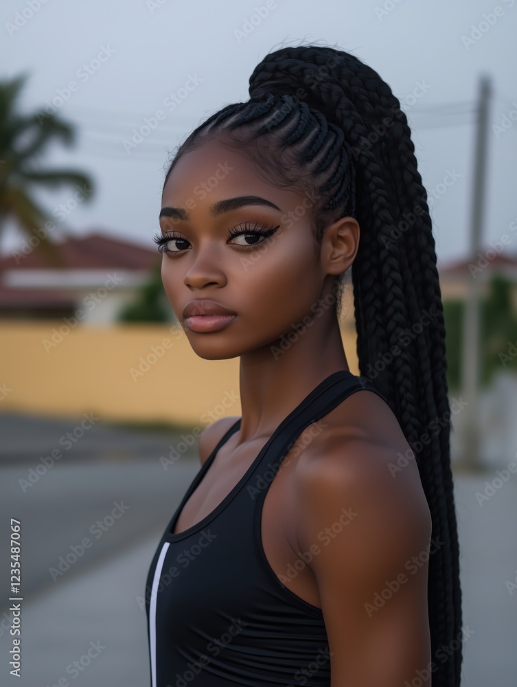 Outdoor portrait of a female athlete in a black and white sports bra, standing confidently Outdoor portrait of a female athlete in a black and white sports bra, standing confidently