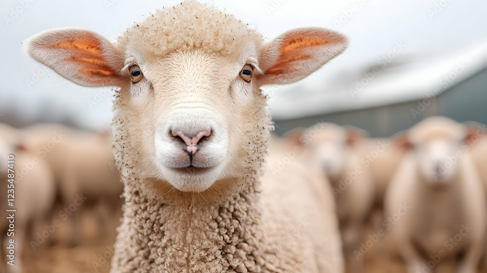 Obraz premium Sheep stares, farm background, flock, rural scene, agriculture