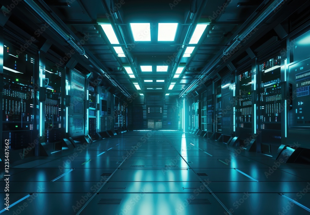 Fototapeta premium A futuristic server room with glowing blue lights illuminating rows of advanced server racks and sleek metallic floors. Ideal for technology, IT infrastructure, and data center visuals