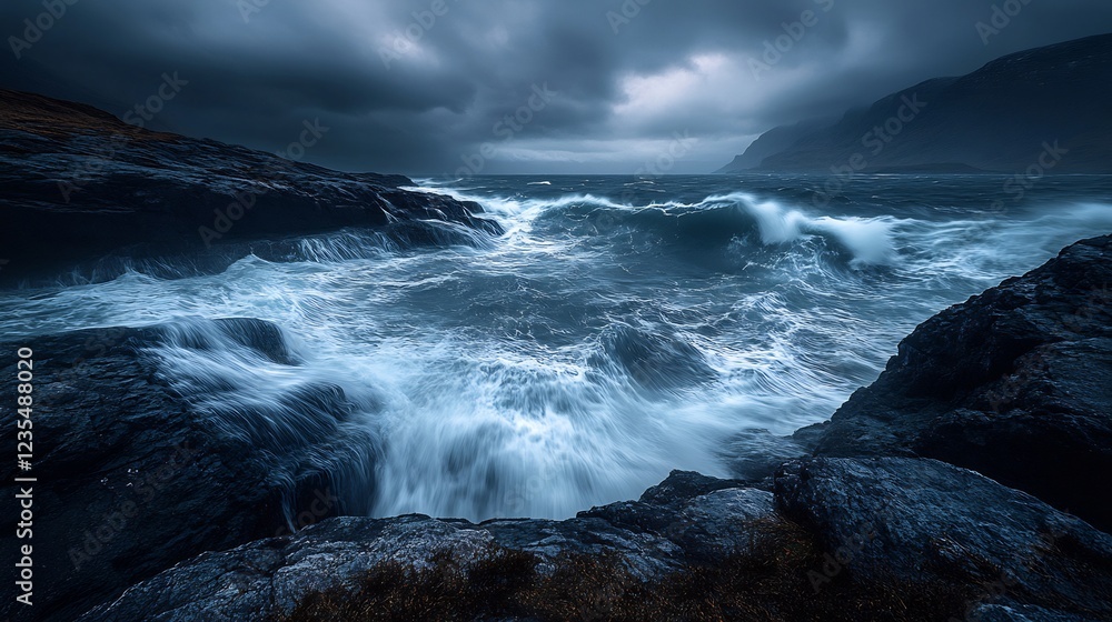 Dramatic ocean waves crash powerfully against dark rocks under moody stormy skies. AI Generated Dramatic ocean waves crash powerfully against dark rocks under moody stormy skies. AI Generated